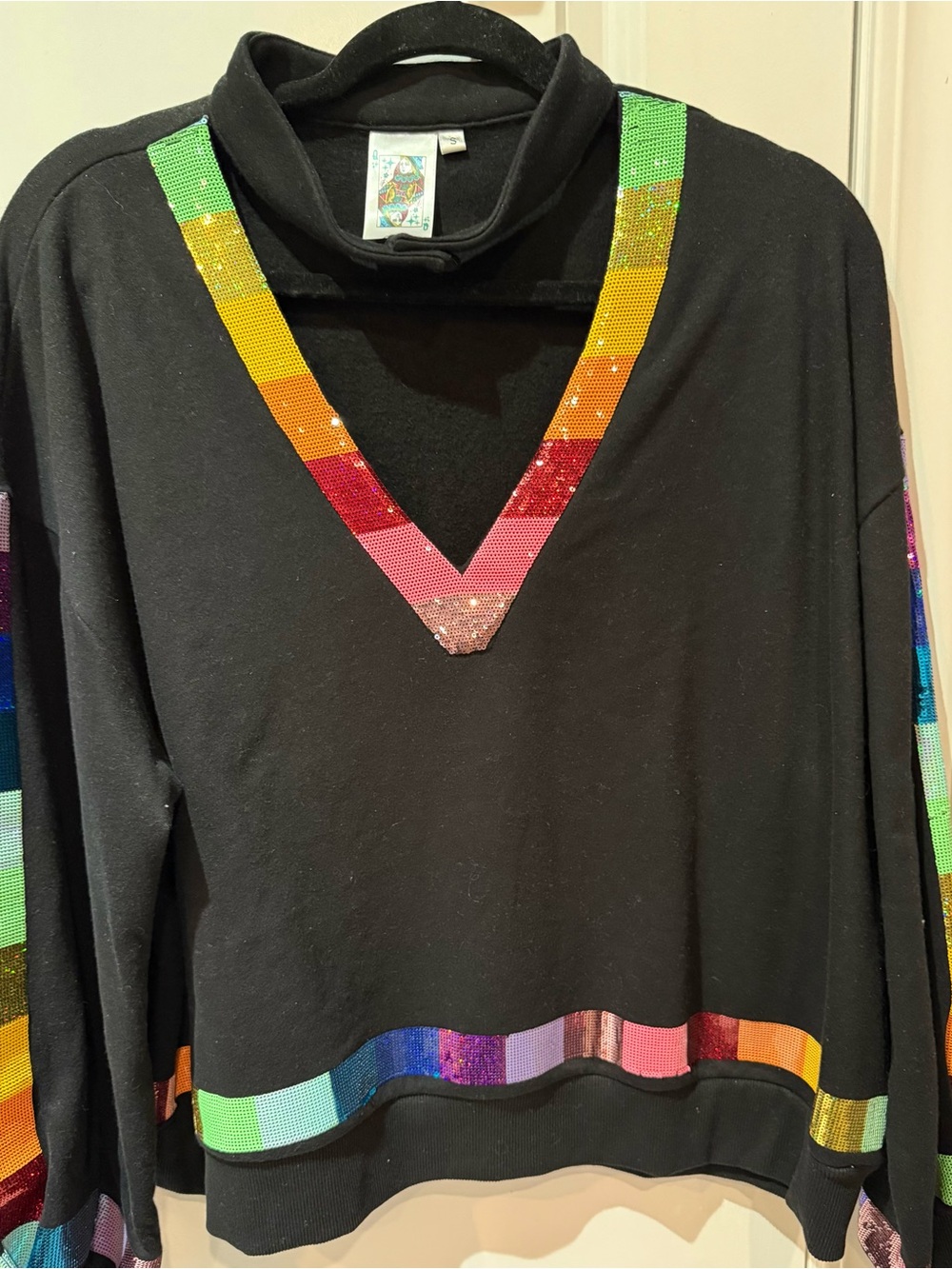 QUEEN OF SPARKLES Black Sweater with Rainbow Sequin Trim